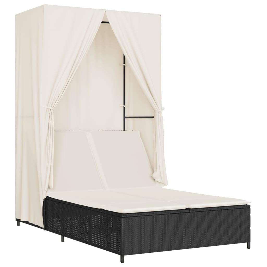 Lettino Prendisole con Tetto e Tende Nero in Polyrattan - homemem39