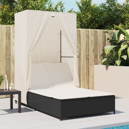 Lettino Prendisole con Tetto e Tende Nero in Polyrattan - homemem39