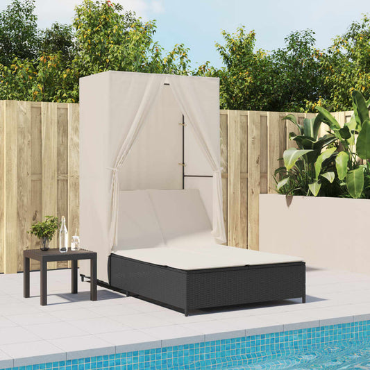 Lettino Prendisole con Tetto e Tende Nero in Polyrattan - homemem39