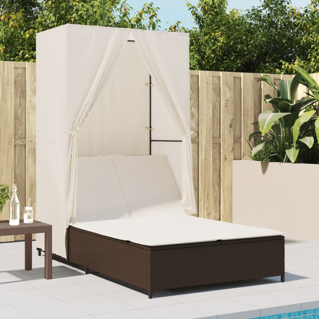 Lettino Prendisole con Tetto e Tende Marrone in Polyrattan - homemem39