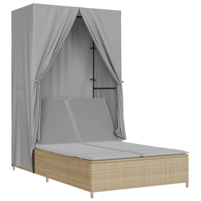 Lettino Prendisole con Tetto e Tende Beige in Polyrattan - homemem39