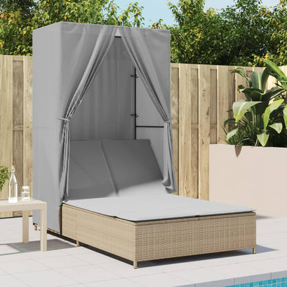 Lettino Prendisole con Tetto e Tende Beige in Polyrattan - homemem39