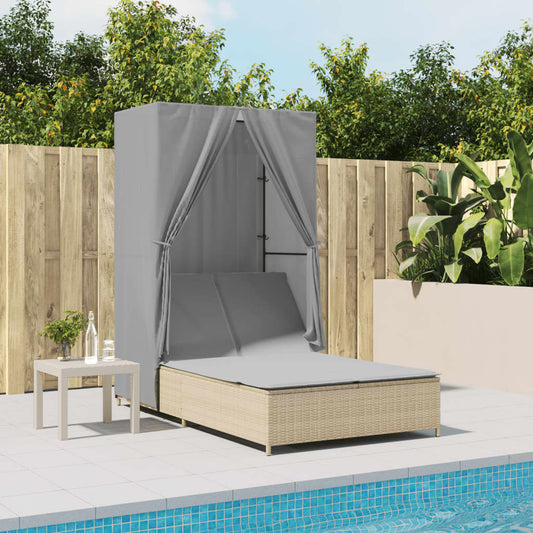 Lettino Prendisole con Tetto e Tende Beige in Polyrattan - homemem39