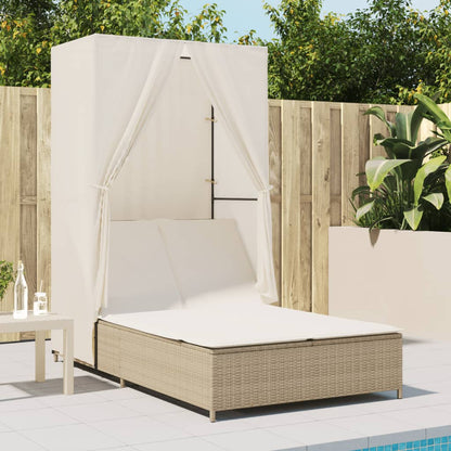 Lettino Prendisole con Tetto e Tende Beige in Polyrattan