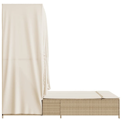 Lettino Prendisole con Tetto e Tende Beige in Polyrattan