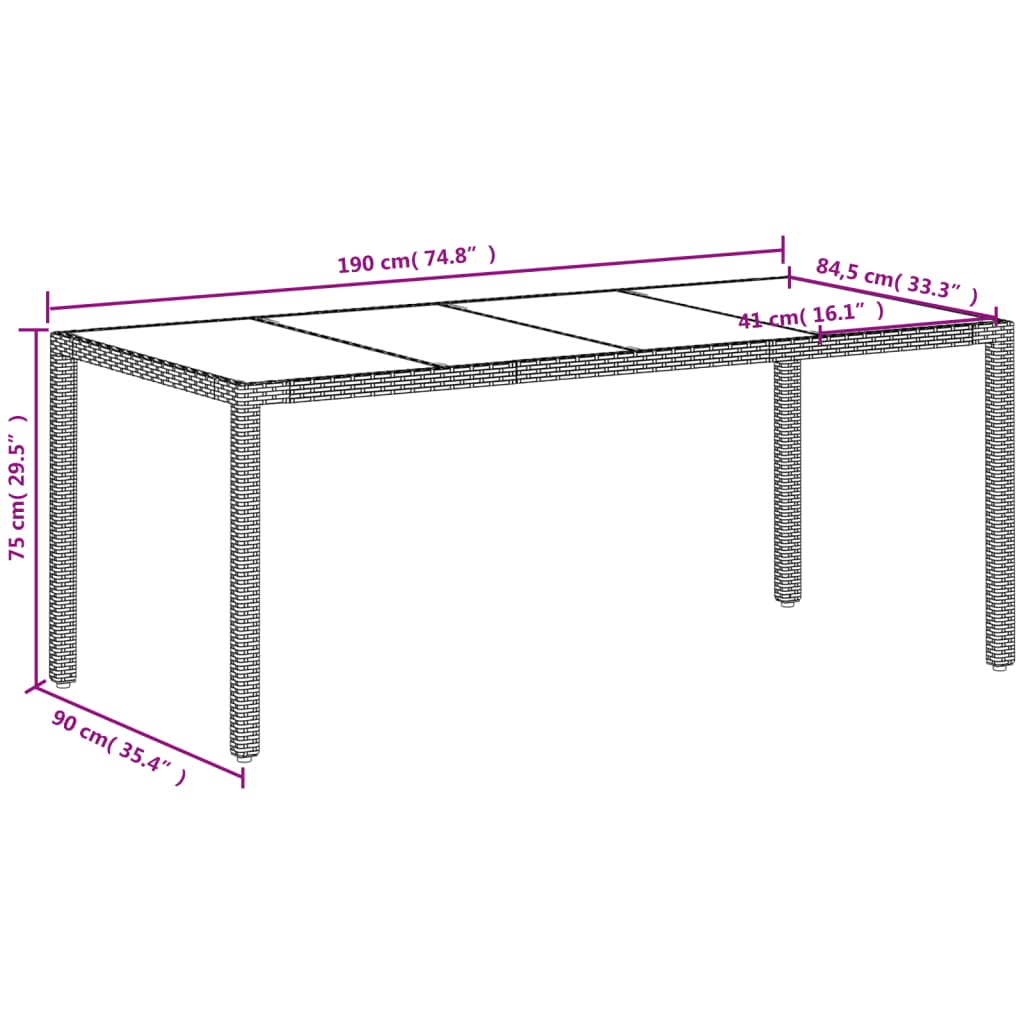 Tavolo Giardino Piano in Vetro Bianco 190x90x75 cm Polyrattan - homemem39