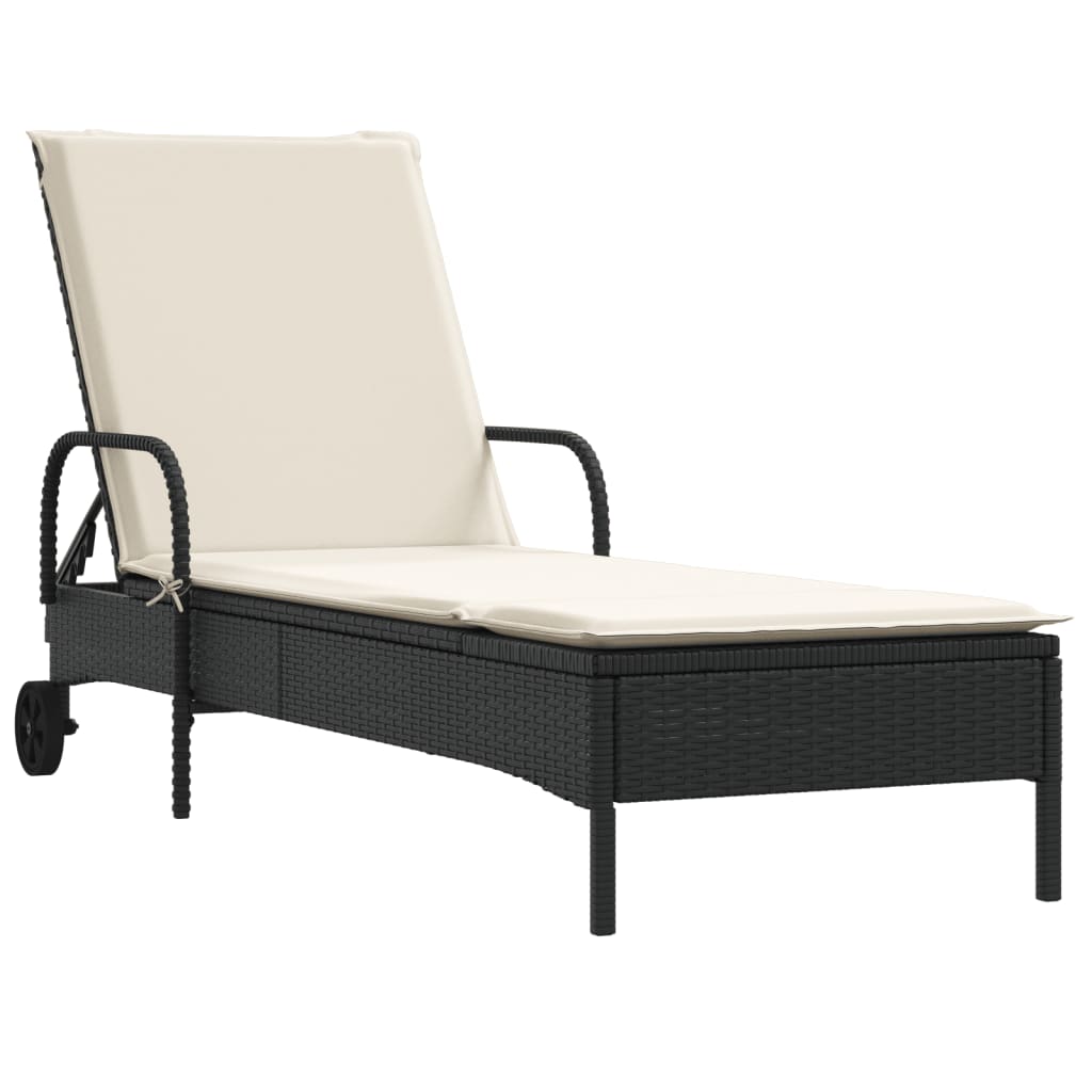 Lettino Prendisole con Ruote e Cuscino in Polyrattan Nero - homemem39