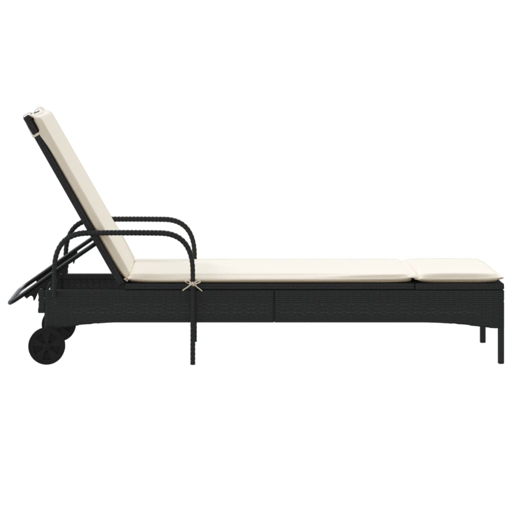 Lettino Prendisole con Ruote e Cuscino in Polyrattan Nero - homemem39