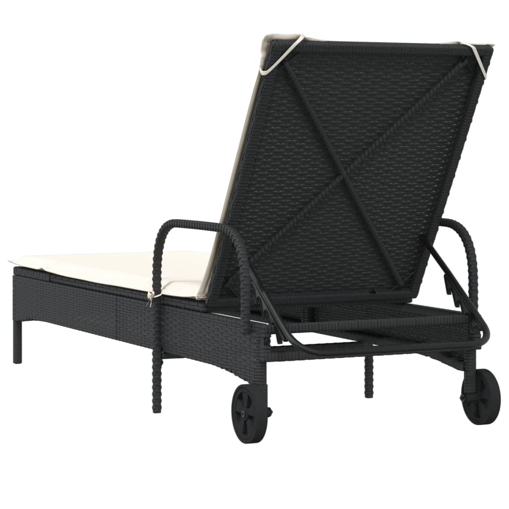 Lettino Prendisole con Ruote e Cuscino in Polyrattan Nero - homemem39