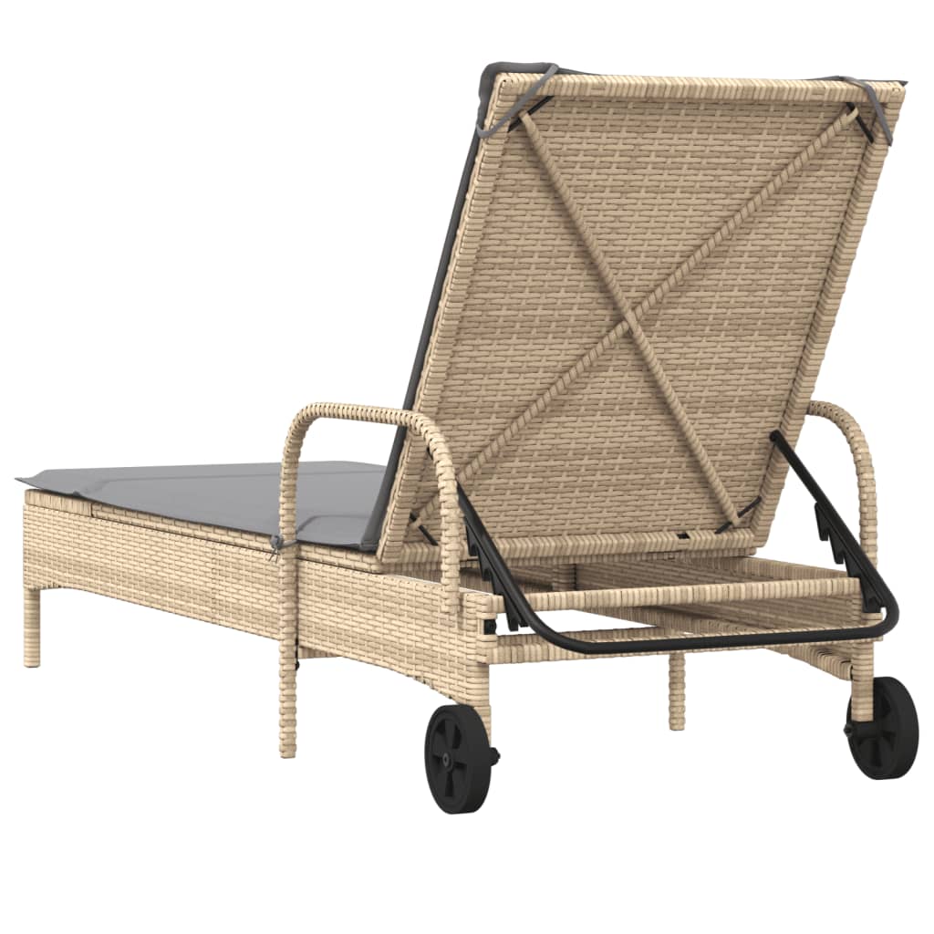 Lettino Prendisole con Ruote e Cuscino in Polyrattan Beige - homemem39