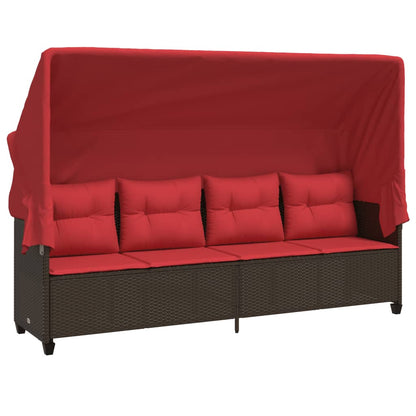 Lettino Prendisole con Baldacchino e Cuscini Marrone Polyrattan