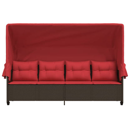 Lettino Prendisole con Baldacchino e Cuscini Marrone Polyrattan