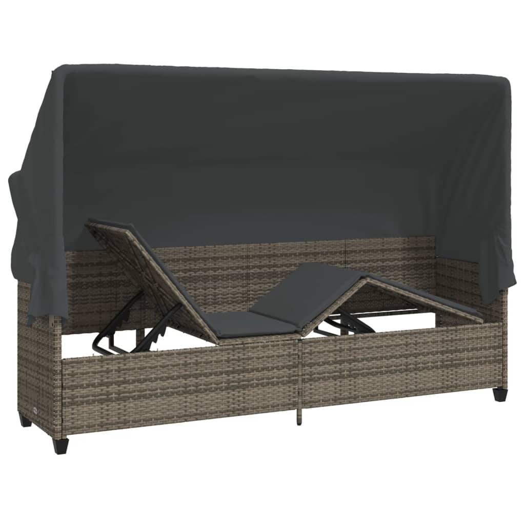 Sun Lounger with Canopy and Gray Polyrattan Cushions