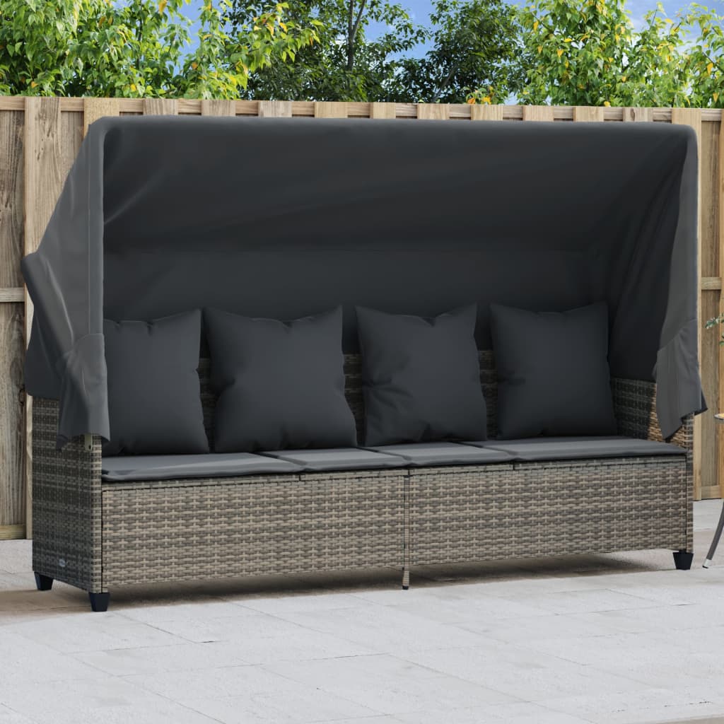 Sun Lounger with Canopy and Gray Polyrattan Cushions