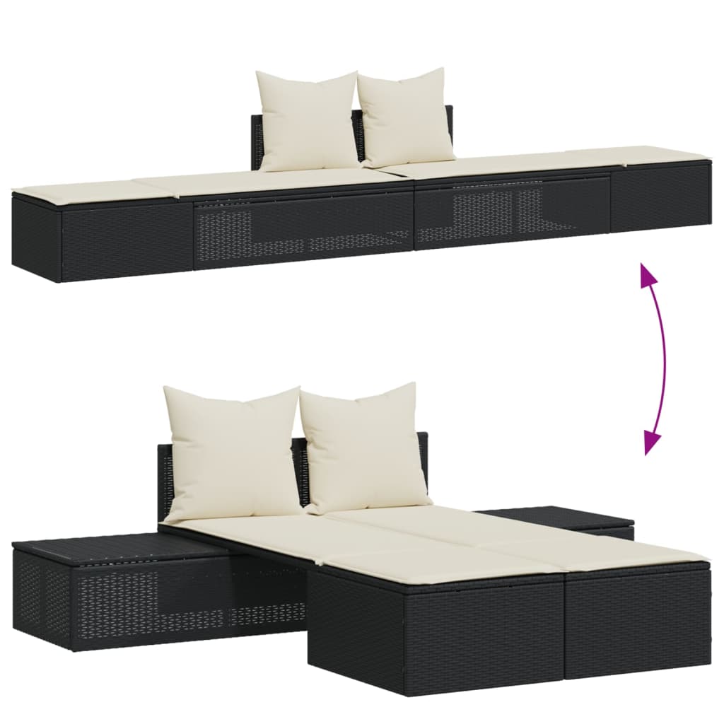 Lettino Prendisole Doppio con Cuscini Nero in Polyrattan - homemem39