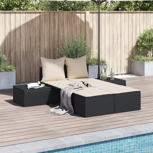 Lettino Prendisole Doppio con Cuscini Nero in Polyrattan - homemem39
