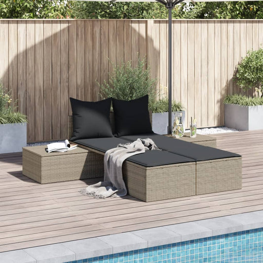 Lettino Prendisole Doppio con Cuscini Grigio Chiaro Polyrattan - homemem39