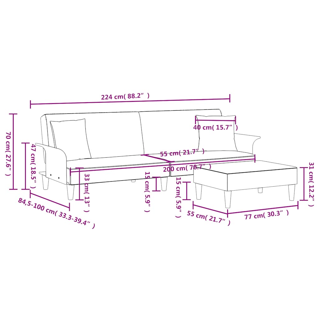 Divano Letto 2Posti Cuscini e Poggiapiedi Grigio Chiaro Velluto - homemem39