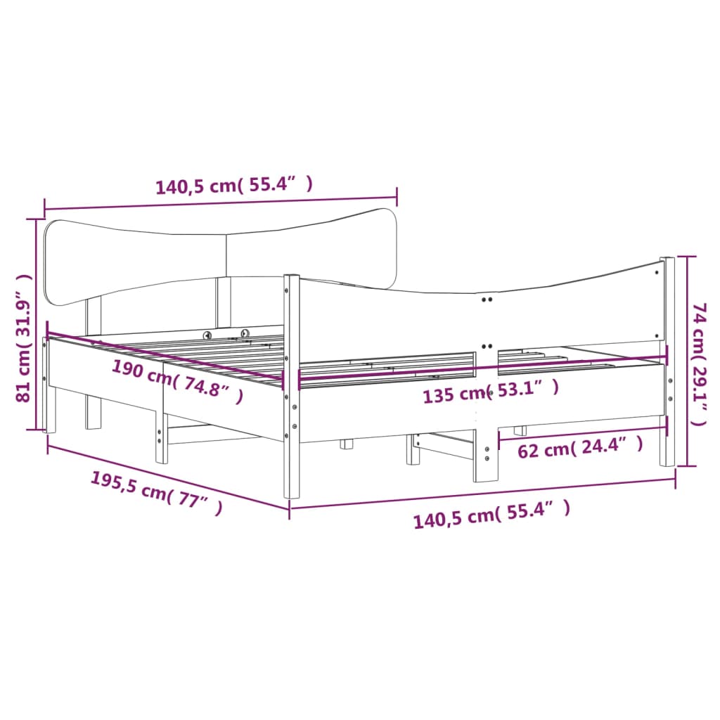 Letto senza Materasso 135x190 cm in Legno Massello di Pino | homemem39