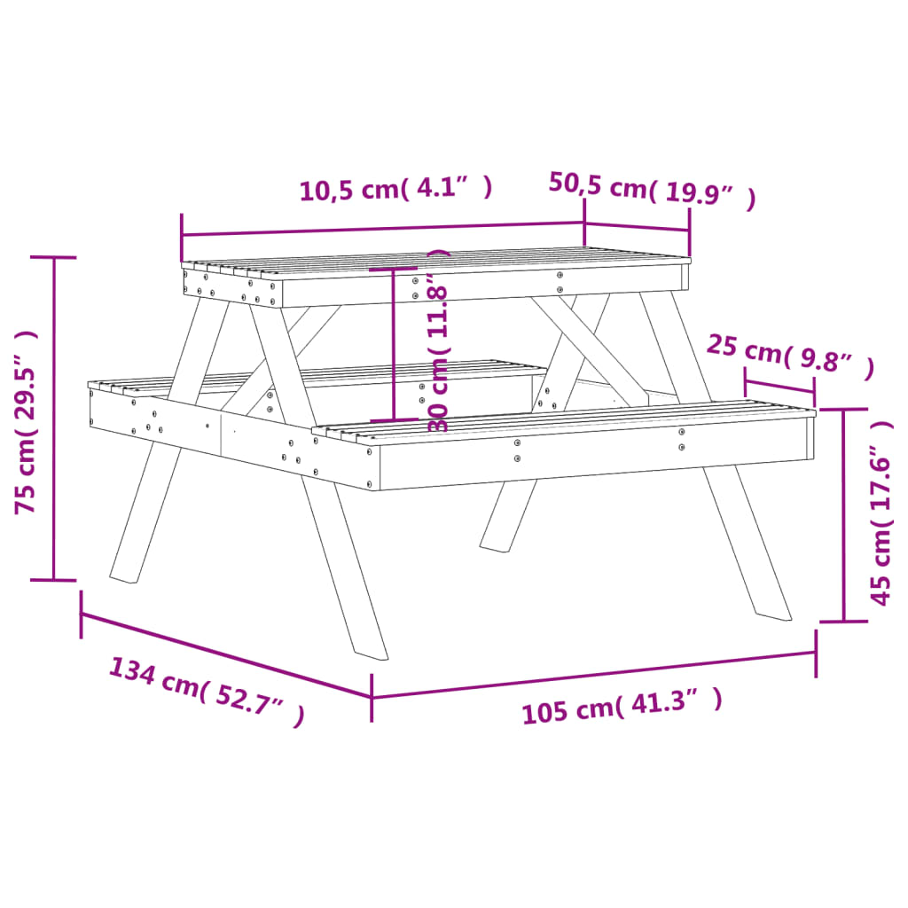 Tavolo da Picnic 105x134x75 cm in Legno Impregnato di Pino - homemem39