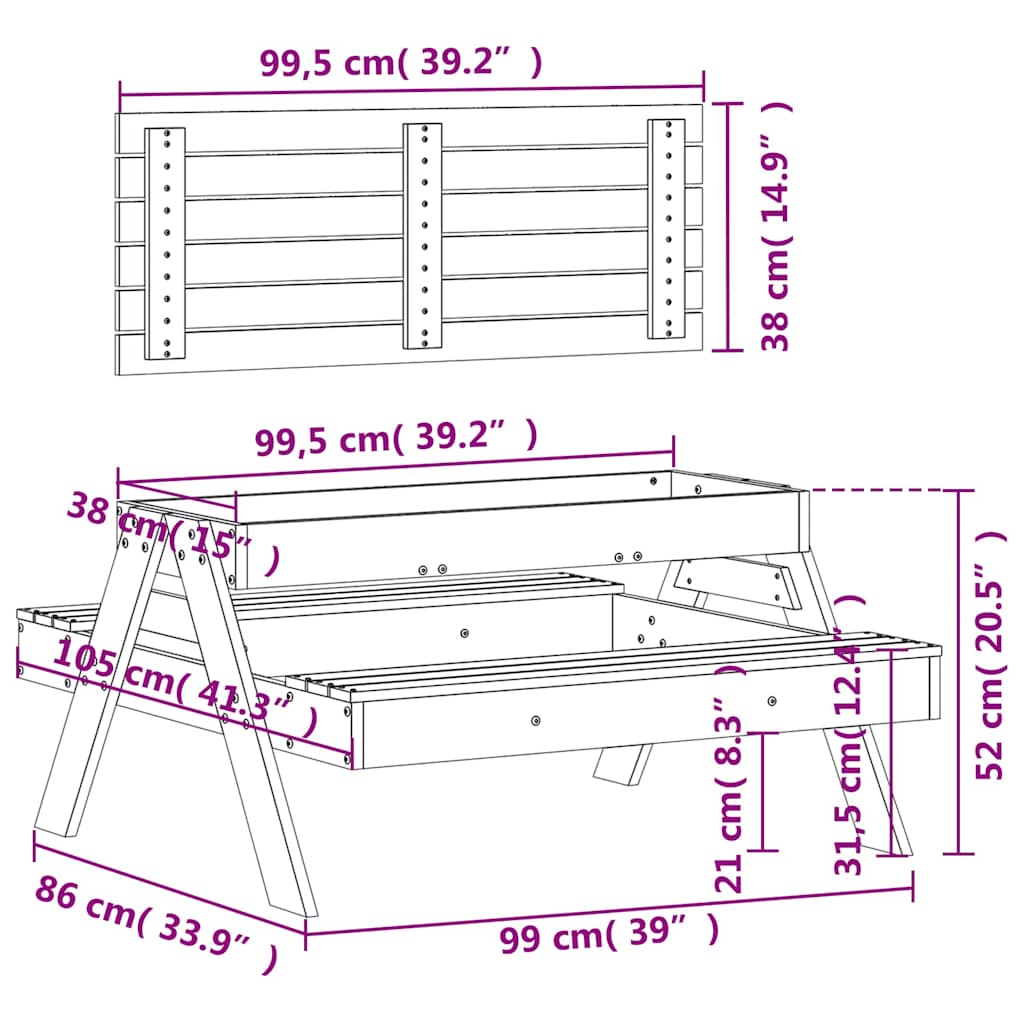 Tavolo Picnic con Sabbiera per Bambini Legno Massello di Pino - homemem39
