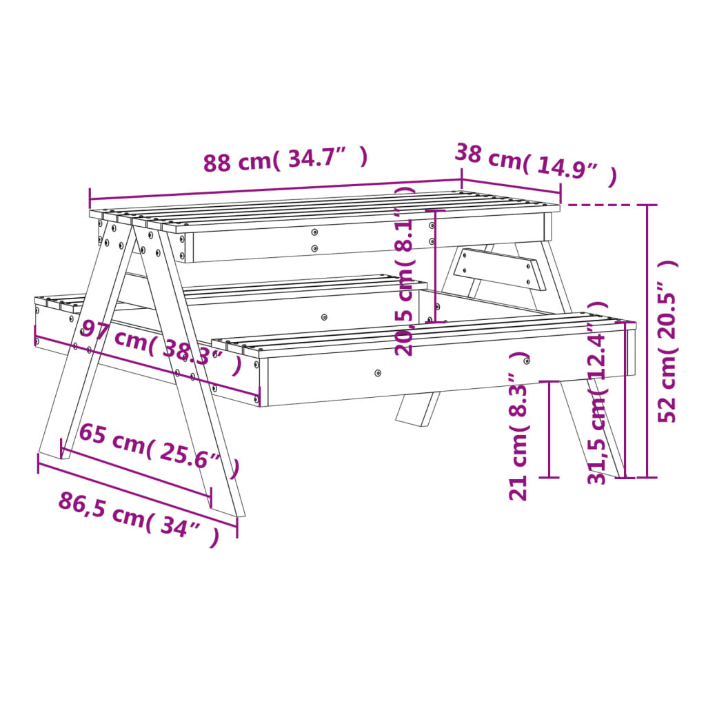 Tavolo Picnic per Bambini Bianco 88x97x52cm Legno Massello Pino - homemem39