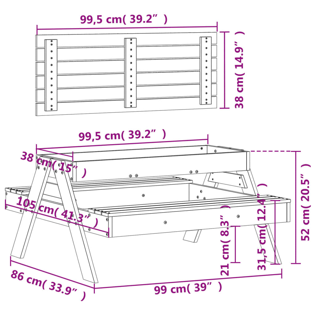 Tavolo Picnic con Sabbiera Bambini Marrone Legno Massello Pino - homemem39