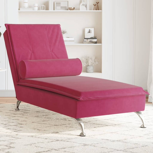 Chaise Longue Massaggi con Cuscino a Rullo Rosso Vino Velluto