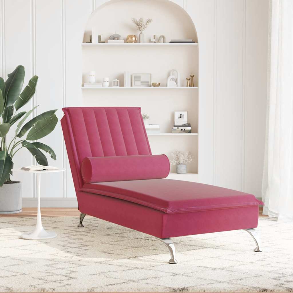 Chaise Longue Massaggi con Cuscino a Rullo Rosso Vino Velluto