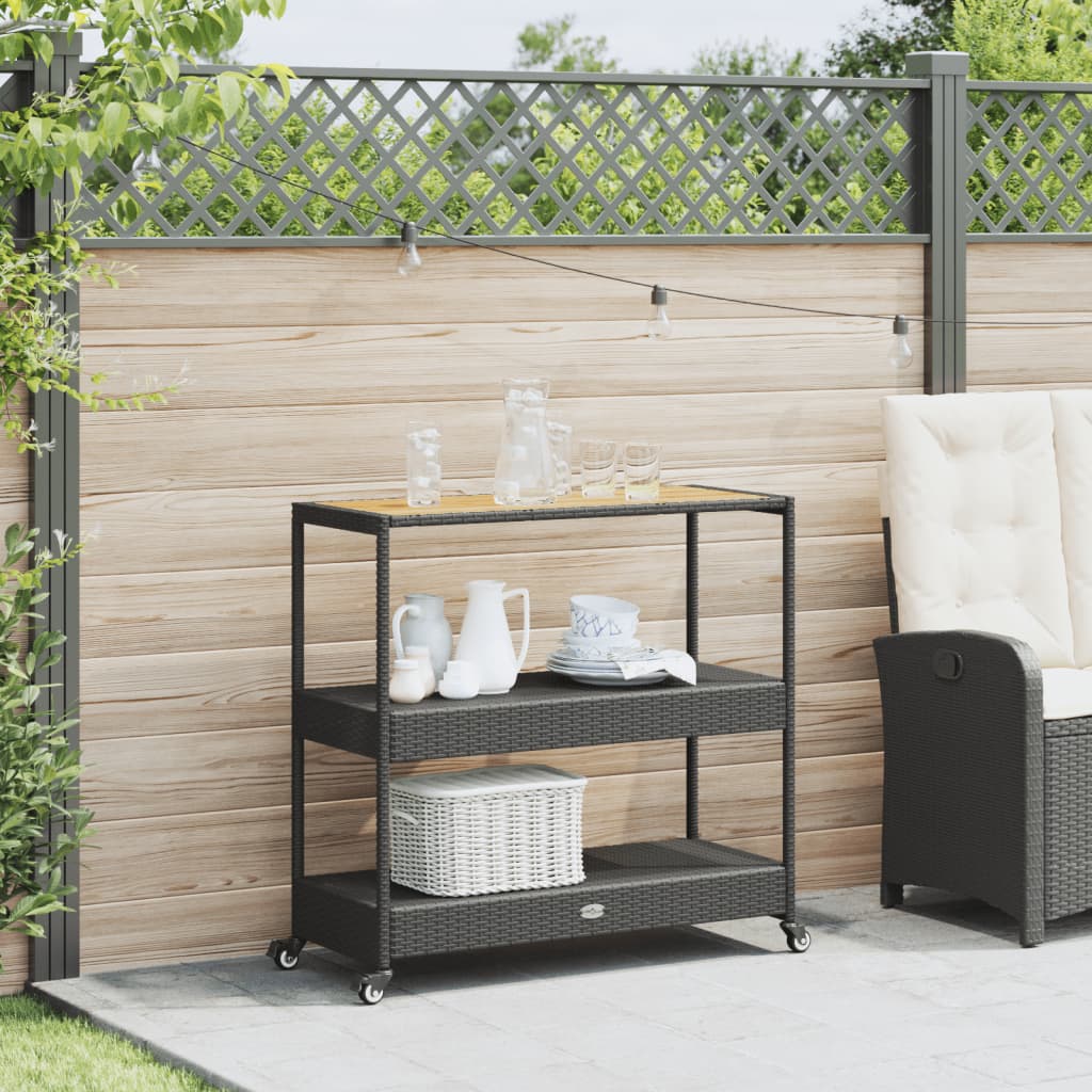 Carrello da Bar 3 Livelli Nero in Polyrattan e Legno Acacia - homemem39