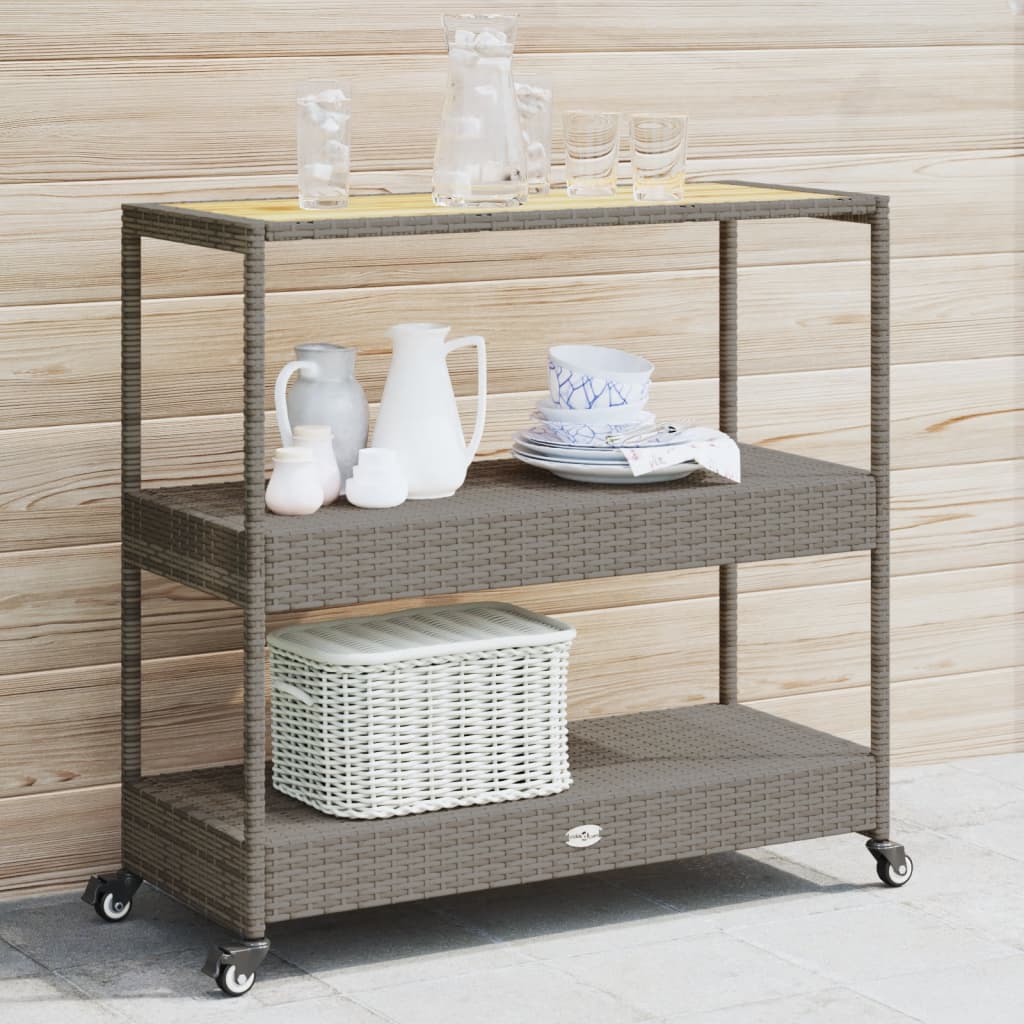 Carrello da Bar 3 Livelli Grigio Polyrattan e Massello Acacia - homemem39