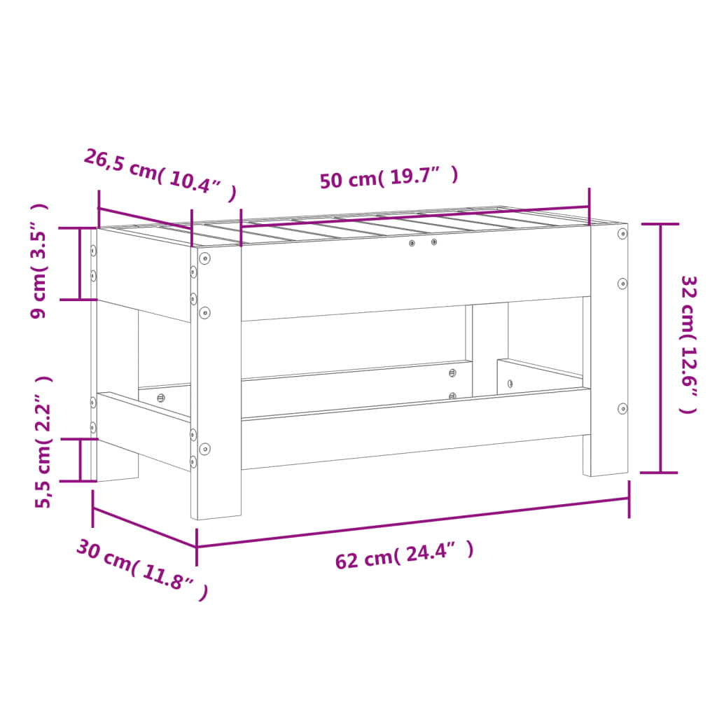 Poggiapiedi da Giardino 62x30x32 cm in Legno Massello di Pino - homemem39