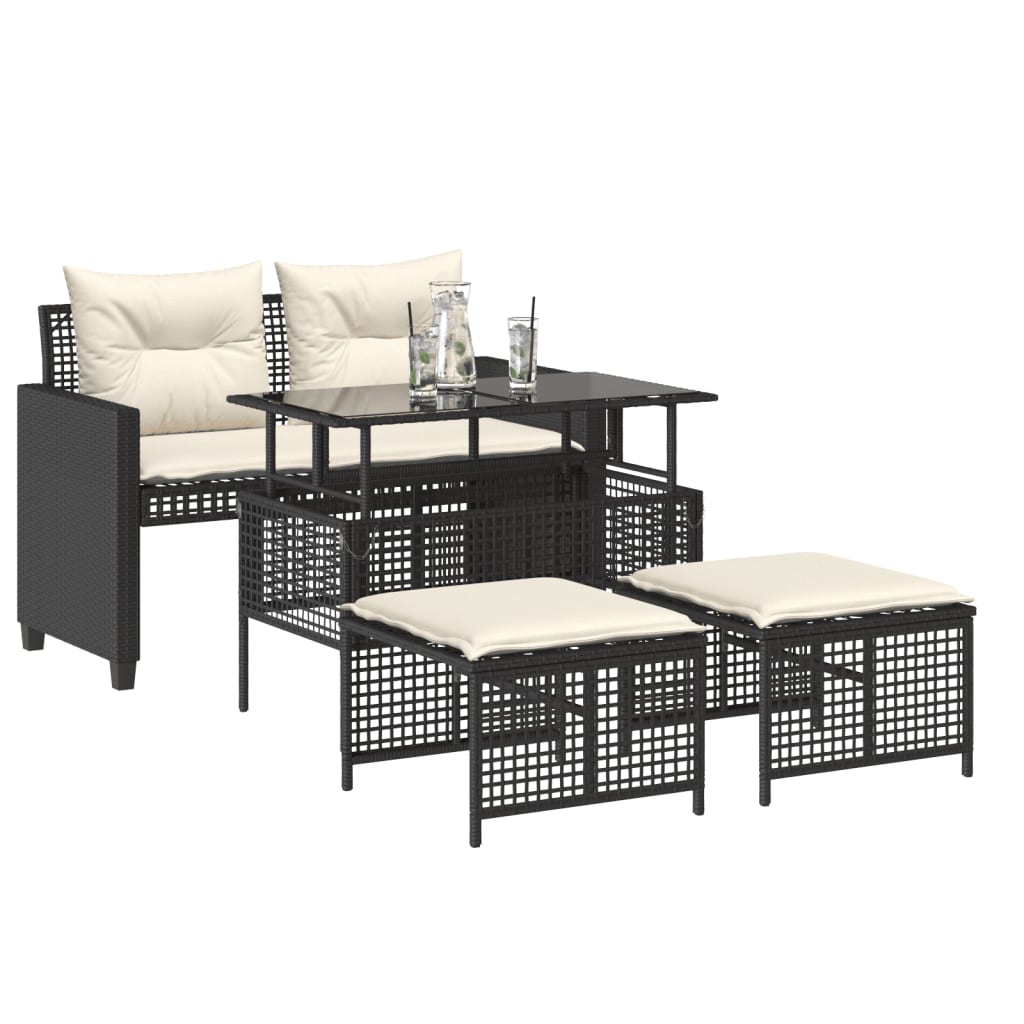 Set Divani da Giardino 4 pz con Cuscini Nero Polyrattan Vetro - homemem39