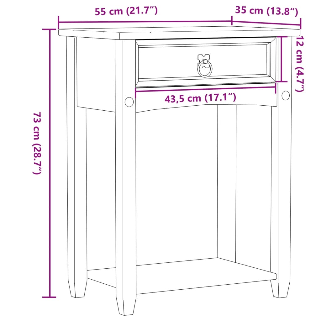 Tavolino Consolle Corona 55x35x73 cm in Legno Massello di Pino