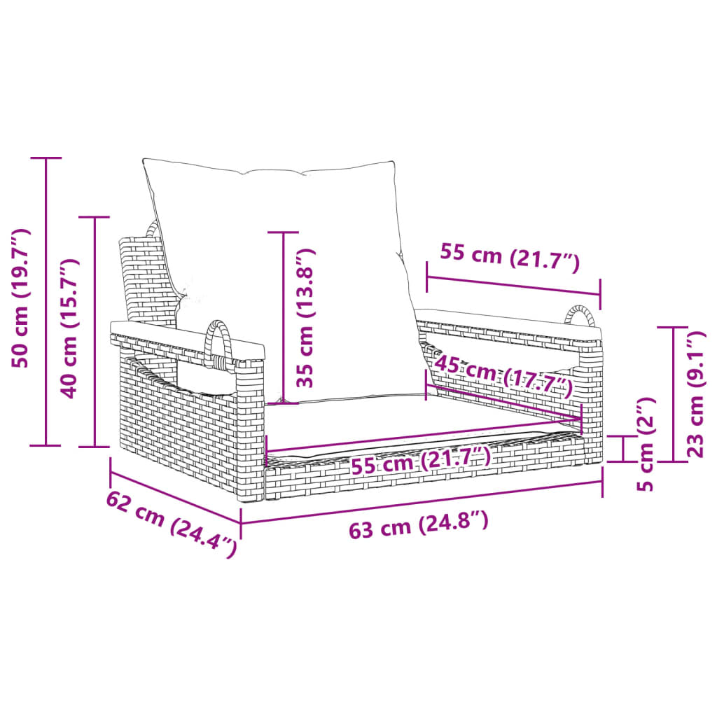 Panchina a Dondolo con Cuscini Nera 63x62x40 cm in Polyrattan - homemem39