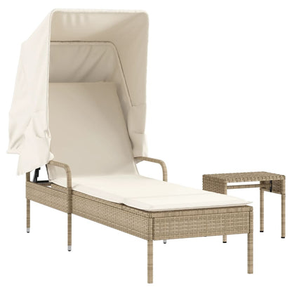 Sun Lounger with Canopy and Beige Polyrattan Table