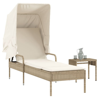 Sun Lounger with Canopy and Beige Polyrattan Table