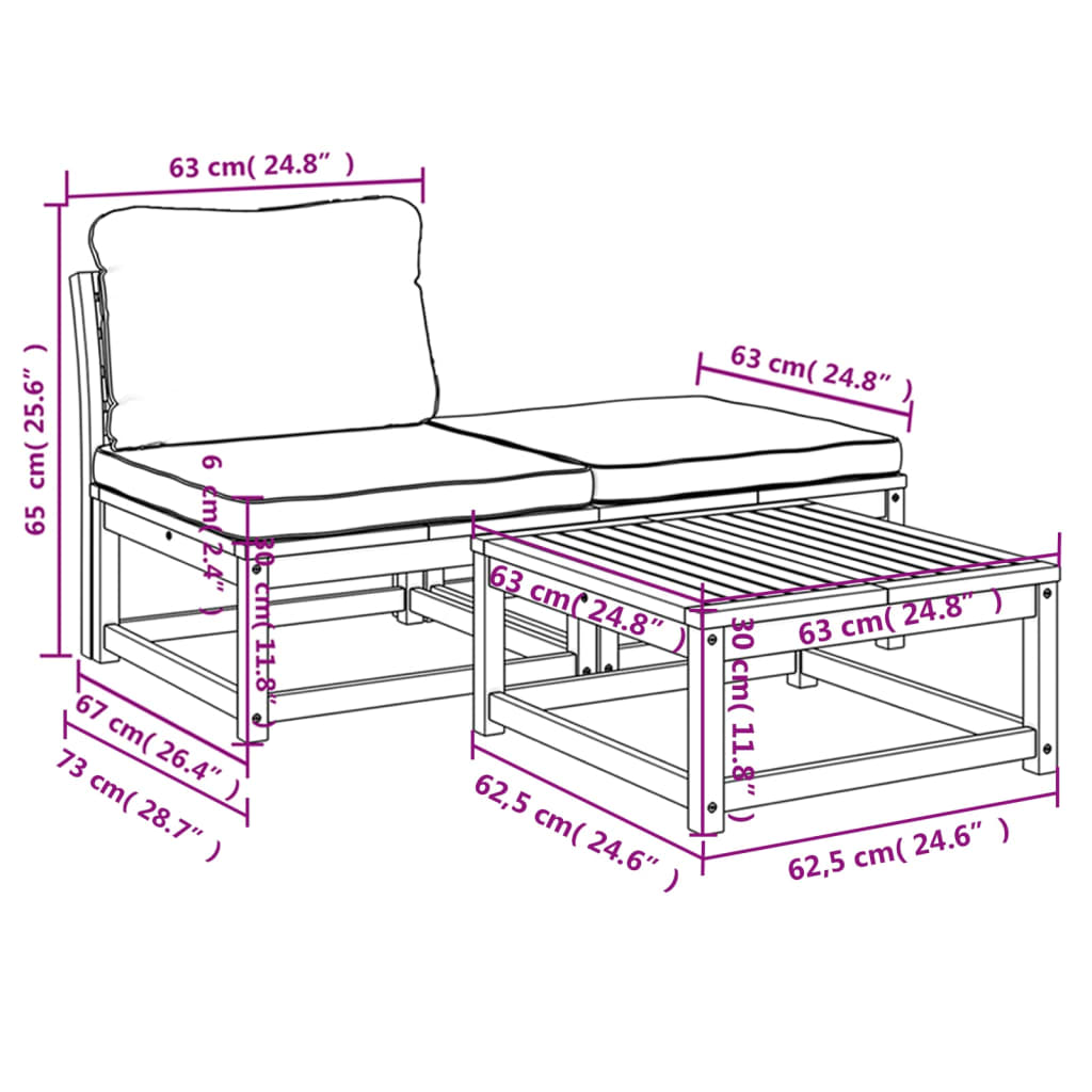 Set Mobili da Giardino 3pz con Cuscini Legno Massello di Acacia - homemem39