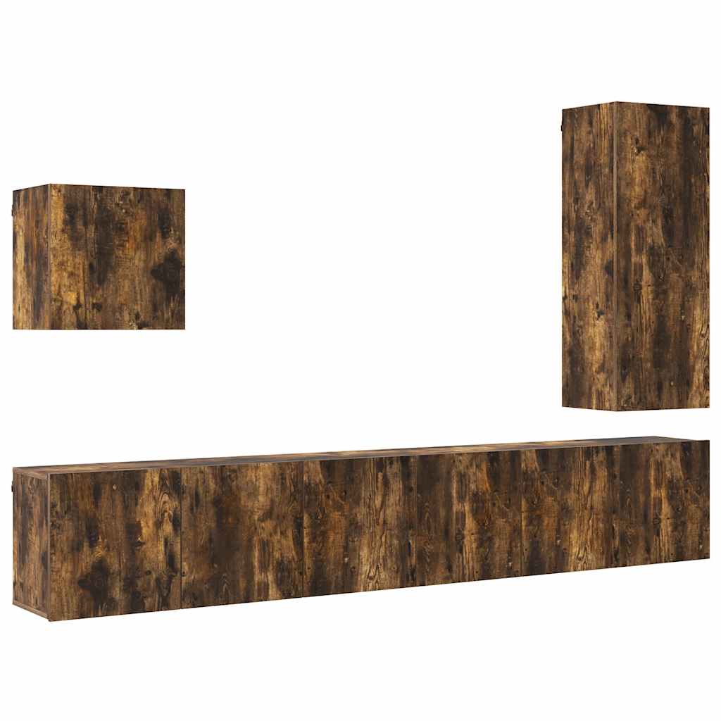 Mobili TV a Muro 5pz Rovere Fumo in Legno Multistrato