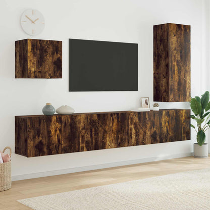Mobili TV a Muro 5pz Rovere Fumo in Legno Multistrato