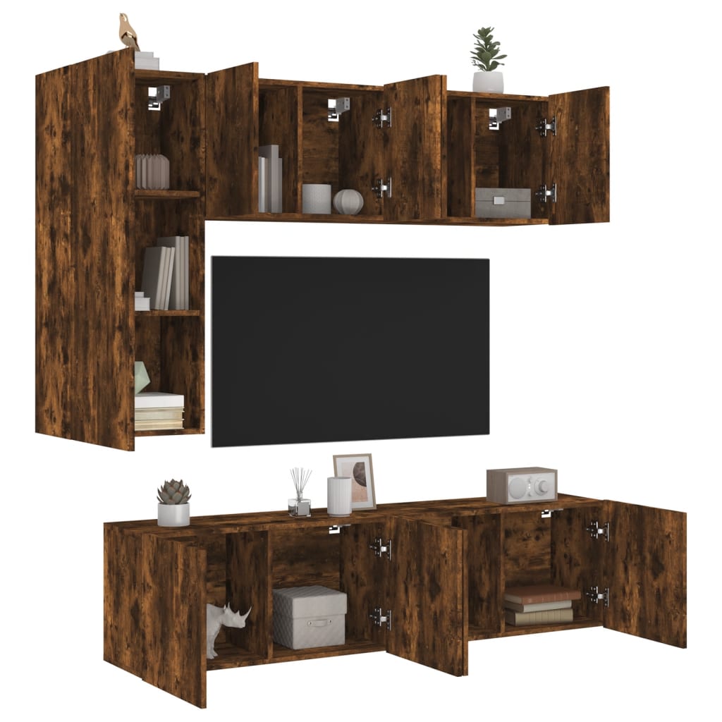 Mobili TV a Muro 5pz Rovere Fumo in Legno Multistrato