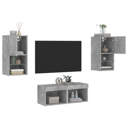 Mobili TV a Muro 4pz con Luci LED Grigio Cemento