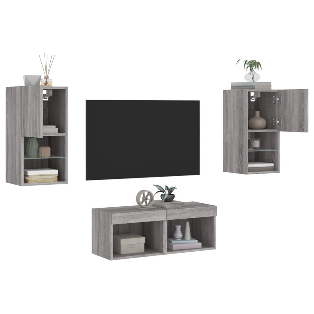 Mobili TV a Muro 4pz con Luci LED Grigio Sonoma