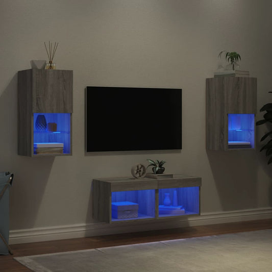 Mobili TV a Muro 4pz con Luci LED Grigio Sonoma