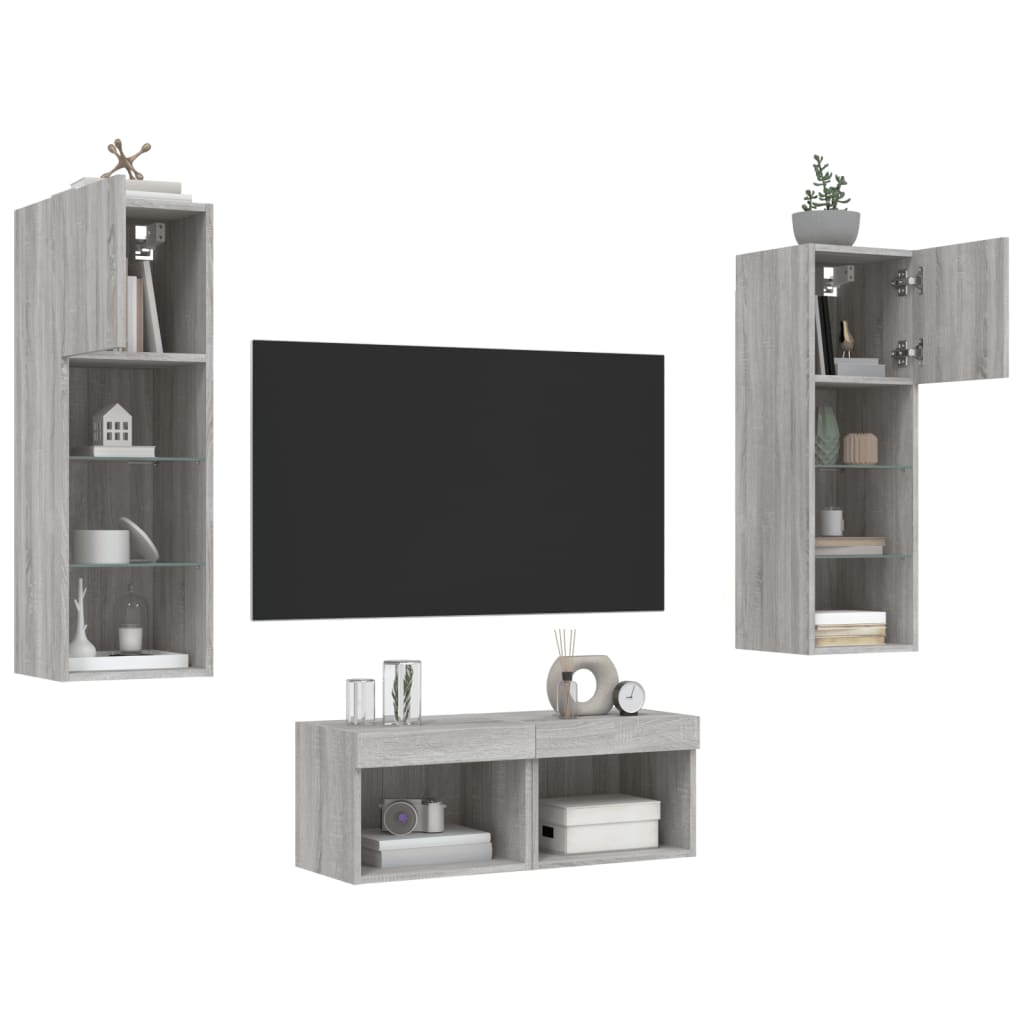 Mobili TV a Muro 4pz con Luci LED Grigio Sonoma