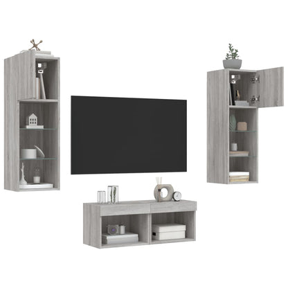Mobili TV a Muro 4pz con Luci LED Grigio Sonoma
