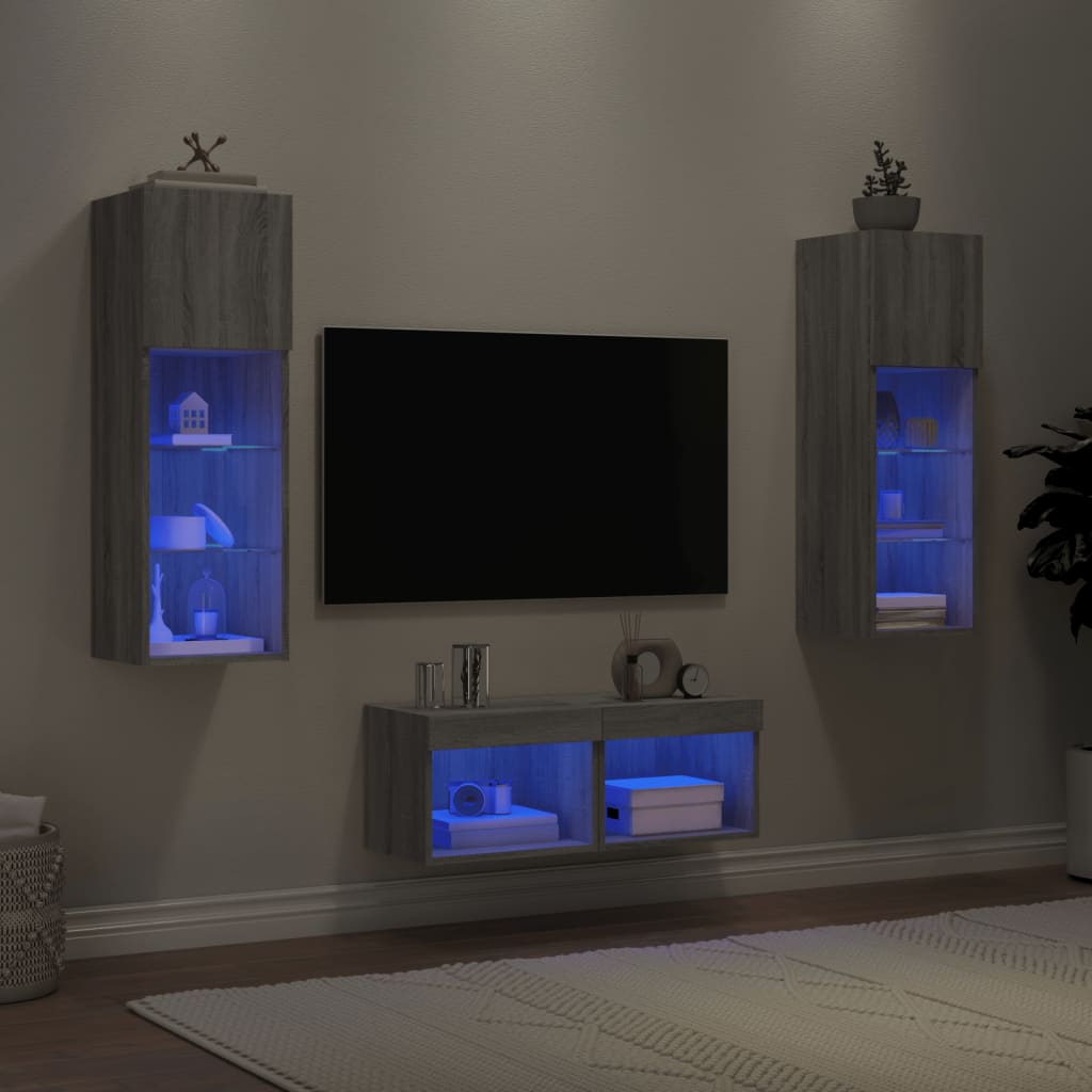 Mobili TV a Muro 4pz con Luci LED Grigio Sonoma