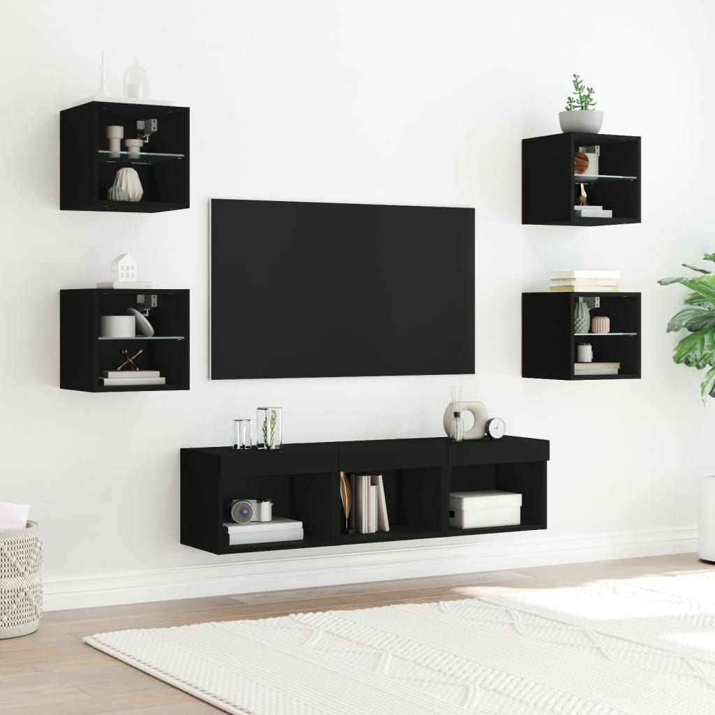 Mobili TV a Muro con LED 7pz Neri in Legno Multistrato