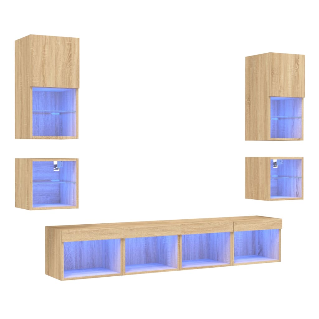 Mobili TV a Muro con LED 8pz Rovere Sonoma Legno Multistrato