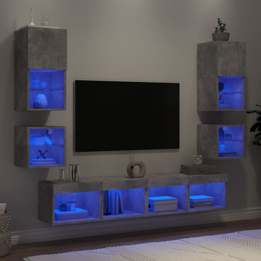 Mobili TV a Muro con LED 8pz Grigio Cemento Legno Multistrato